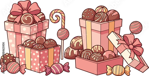 Cute chocolate gift boxes with assorted candies and pralines vector illustration, sweet confectionery packaging collection for Valentine celebration designs