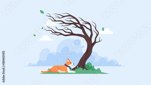 A dog rests under a tree, with leaves blowing in the wind
