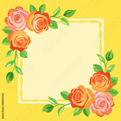 A yellow rose frame painted in a watercolor style. Ornament. Decoration. Gardening. Copy space.