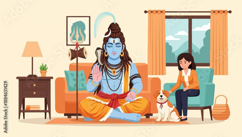 A deity meditates near a woman and dog in a cozy living room
