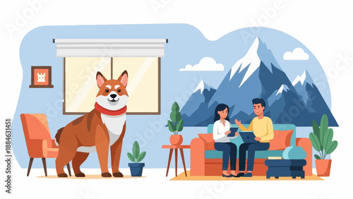 A dog sits in a living room near a window with mountains visible outside