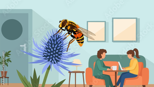 A hoverfly explores a purple flower inside an interior space with people