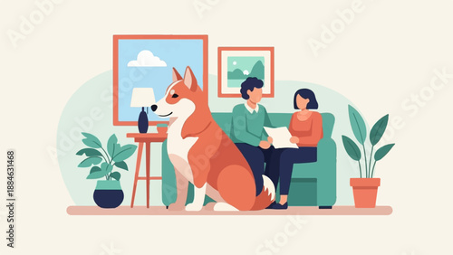 A dog sits in a living room with two people discussing something on a couch