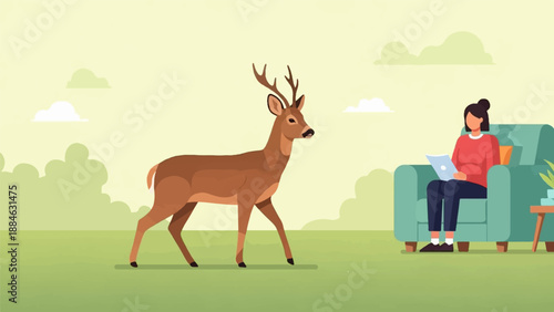 A deer walks across a grassy field while a person sits in a chair on a laptop