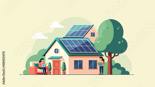 A house with solar panels is attended by two people