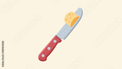 A kitchen knife with a slice of yellow cheese with holes on its blade