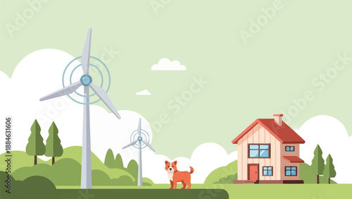 A dog stands in a green landscape with wind turbines and a house