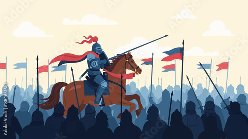A knight on horseback charges through a crowd with flags