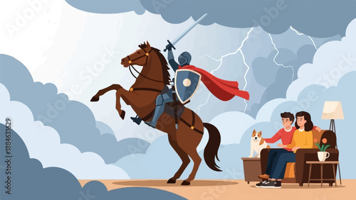 A knight on horseback rides against a stormy sky while a family relaxes indoors