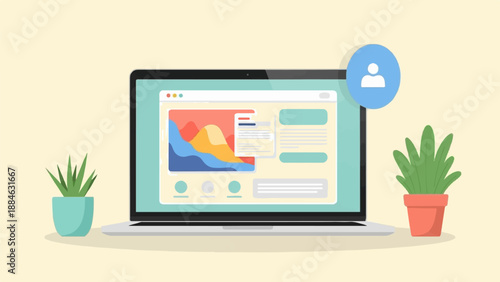 A laptop displays colorful charts and data, flanked by potted plants