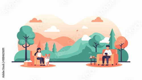 A flat illustration of people and a dog enjoying a peaceful outdoor scene