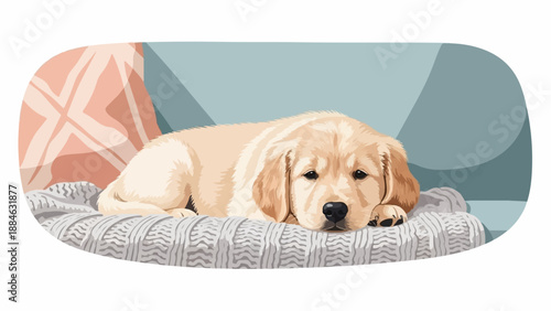 A fluffy golden retriever puppy resting on a cozy, textured blanket and pillow