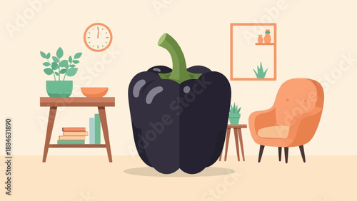 A large dark pepper dominates a cozy room with a plant, books, and a chair