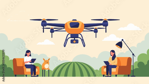 A drone flies overhead as two women relax on chairs with a small creature