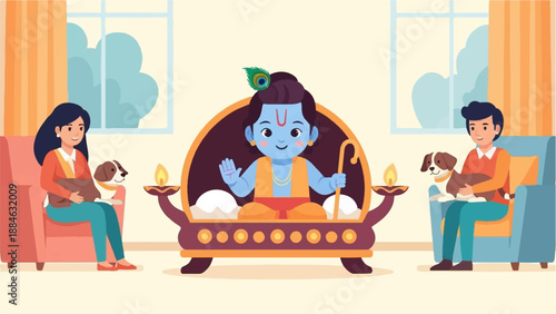 A family celebrates with a child deity and pets in a cozy home