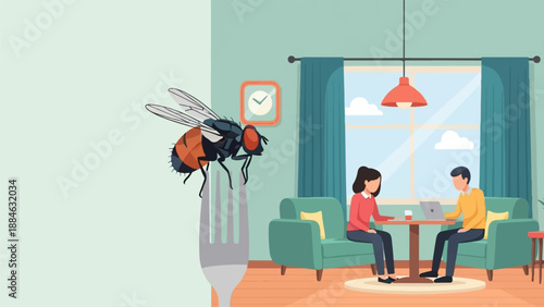 A large fly lands on a fork, as two people work on laptops indoors