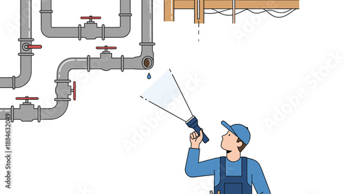 Plumber uses a flashlight to inspect dripping, leaky pipes under a ceiling, illustrating home repair and maintenance services.