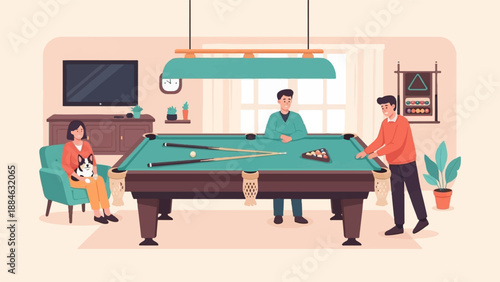 A family enjoys a game of pool in their cozy living room