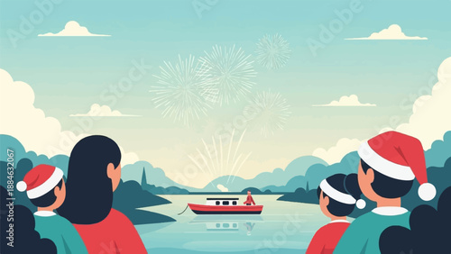 A family enjoys a festive boat ride with fireworks over the water