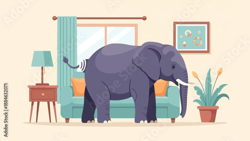 A large grey elephant stands in a living room with a couch and lamp