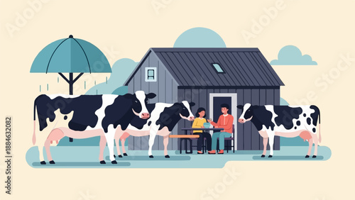 A family enjoys a meal outside with cows nearby under an umbrella