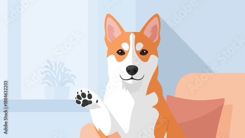 A friendly dog with orange and white fur waves its paw while sitting on a couch