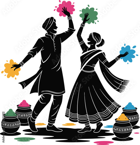 A joyful silhouette of a couple celebrating with vibrant colored powders and pots