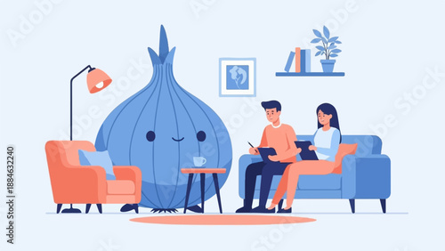 A friendly giant onion smiles at a couple in a cozy living room