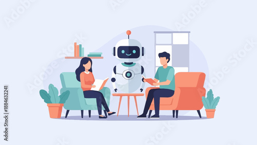 A friendly robot sits between a man and woman on chairs, all reading