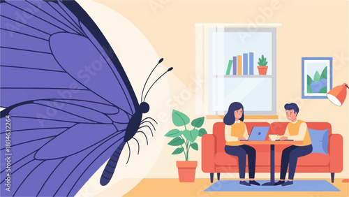 A large purple butterfly looms over a cozy living room where two people work on laptops