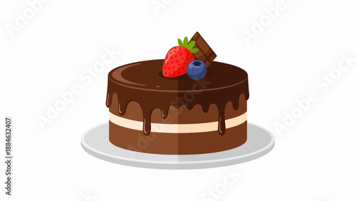 A layered chocolate cake adorned with fresh berries and a chocolate piece