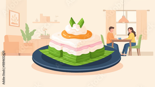 A layered dessert, artfully presented, sits before a couple sharing a moment at a table