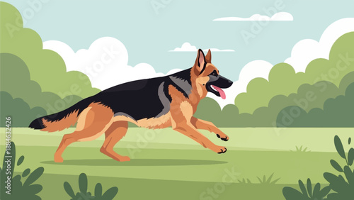 A German Shepherd dog running joyfully through a grassy park