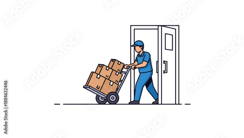 Delivery person pushing a hand truck loaded with cardboard boxes through an open doorway, representing package delivery and logistics.