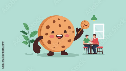 A giant cookie character holds a small cookie, with two people at a cafe table