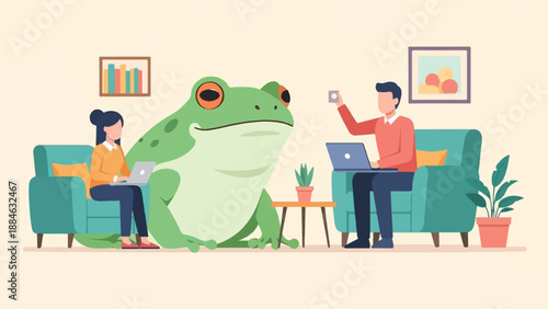 A giant frog sits between two people working on laptops in a cozy living room