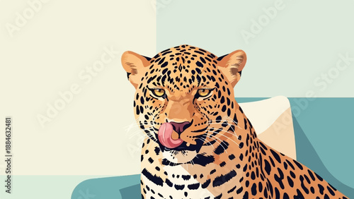A leopard with orange fur and black spots licks its nose