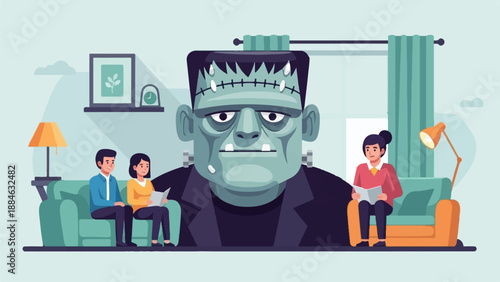 A giant, friendly-looking monster sits with people reading in a living room