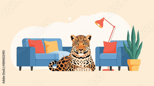 A leopard rests in a living room between two blue chairs with pillows