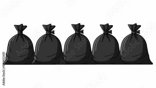 A line of five tied black garbage bags on a white background