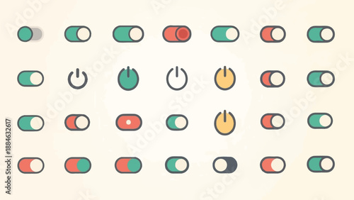 A grid of toggle switches and power icons in muted colors on a light background