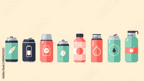 A lineup of eight colorful beverage cans and bottles on a pale background