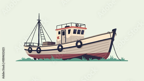 A grounded fishing boat sits on grassy terrain, detailed in a pixel art style