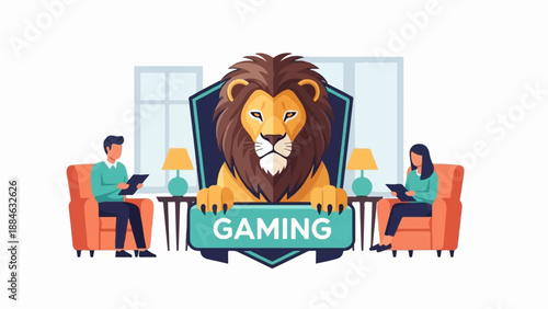 A lion emblem sits center as people relax in chairs with tablets indoors