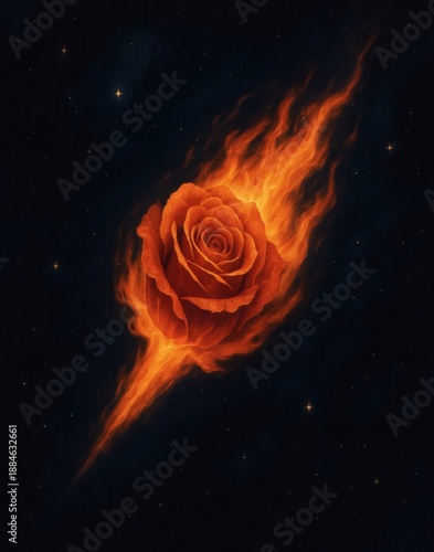 surreal flaming rose in dark space background with fire trail