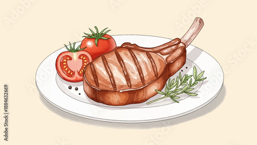A grilled pork chop with ripe tomatoes and fresh herbs on a plate