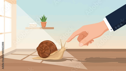 A hand in a suit jacket touches a snail on a wooden floor
