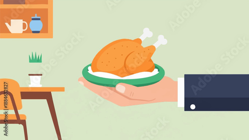 A hand in a suit offers a roasted chicken on a plate