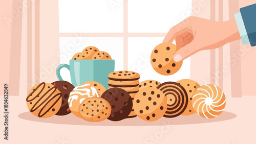 A hand picks up a chocolate chip cookie from a colorful assortment of baked goods