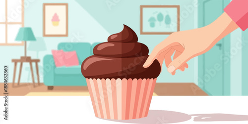 A hand reaches to touch a frosted cupcake on a table in a living room